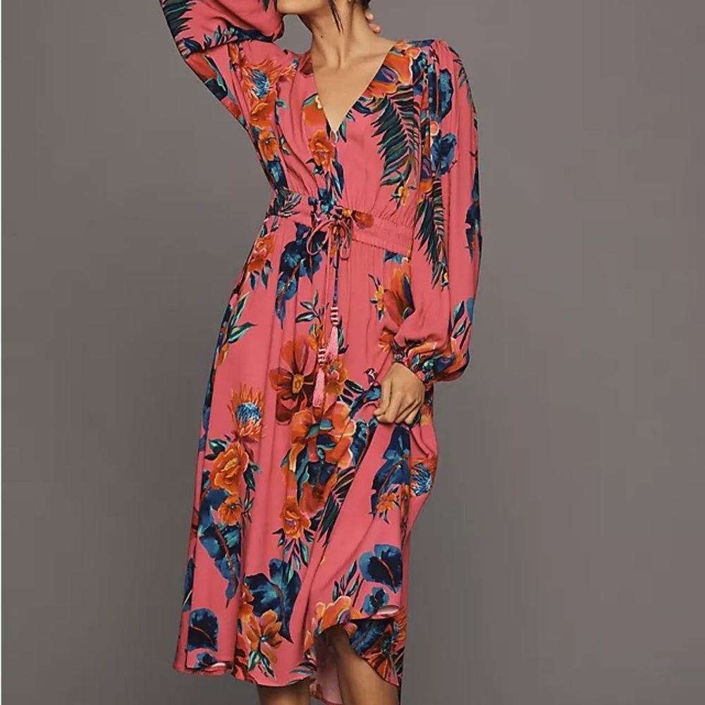 Farm Rio Long-Sleeve V-Neck A-Line Midi Dress Size Small